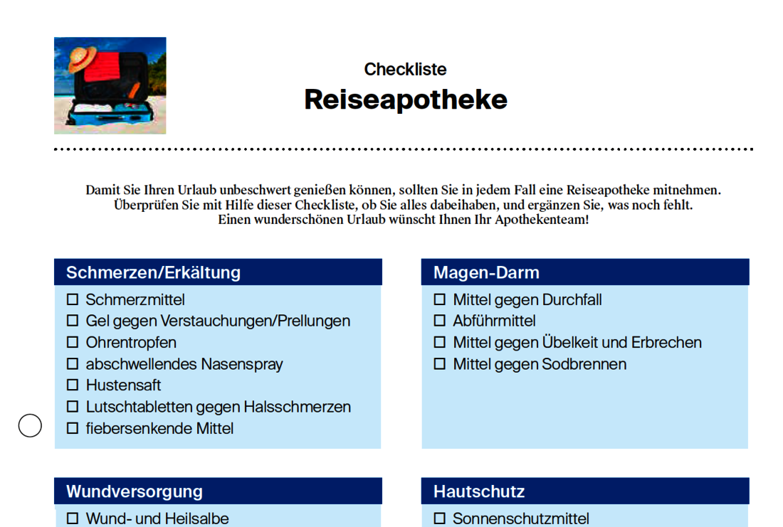 Reiseapotheke Checkliste - mit PDF zum Ausdrucken & Abhaken