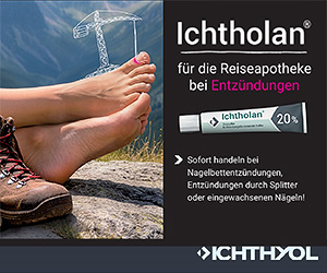 Ichtholan Zugsalbe Werbung für die Reiseapotheke, Füße mit geröteten Zehen vor Bergkulisse; Produkt beworben gegen Entzündungen wie Nagelbettentzündung oder durch eingewachsene Nägel.